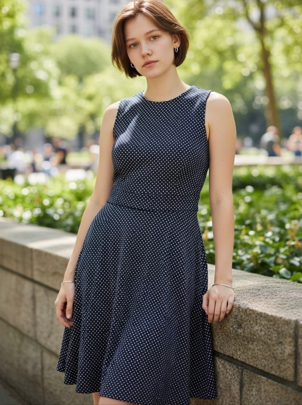 LOFT Navy Polka Dot Sleeveless Fit-and-Flare Midi Dress